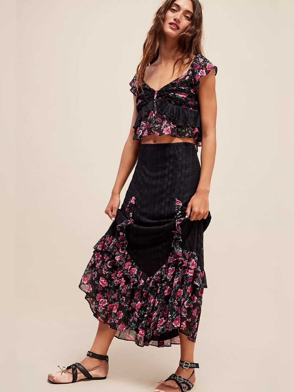 Free People Now & Then Co-Ord Two Piece Floral Lace Maxi Skirt Set Size Small